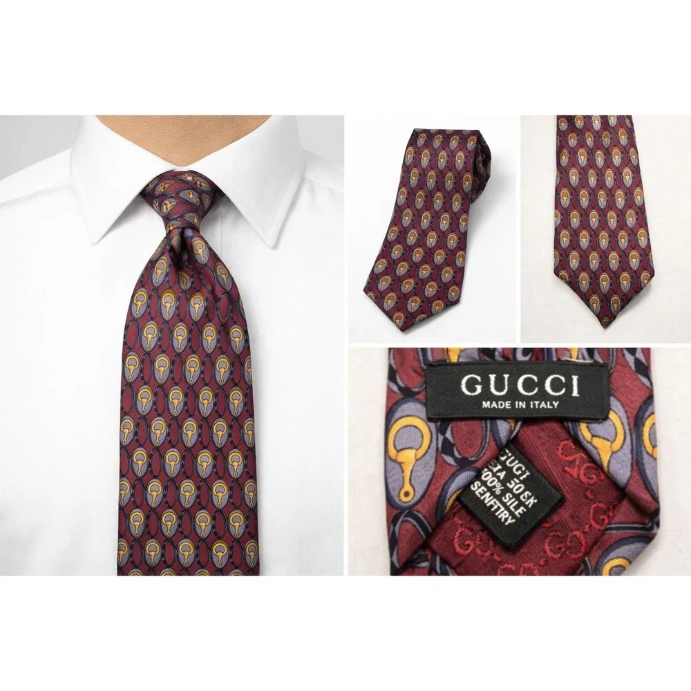 GUCCI 100% Silk Tie Burgundy Gold Horse Bit Motif Made in Italy Subtle Luxury